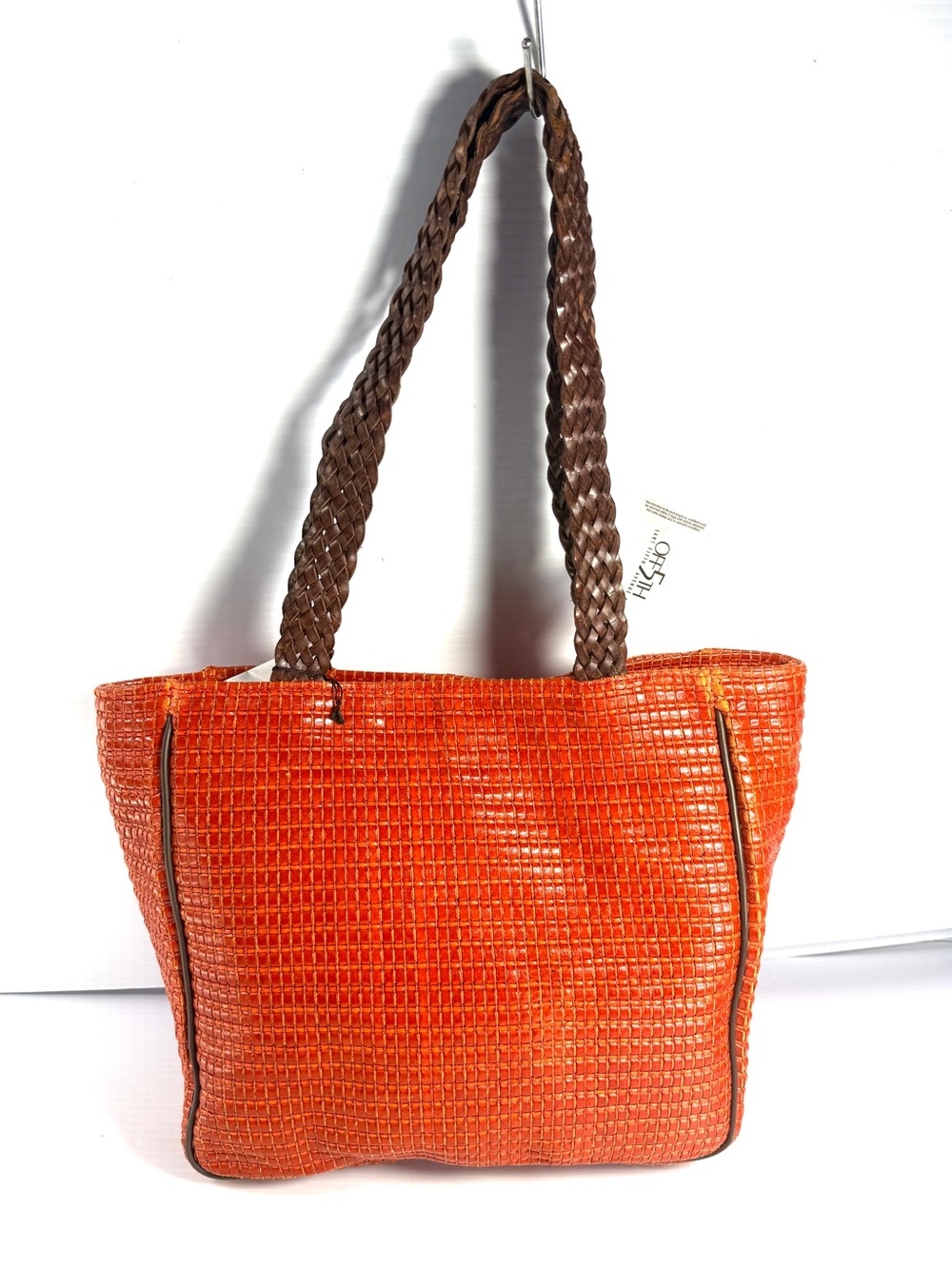 Saks, Fifth Avenue Woven Orange Tote Bag with Braided Handles